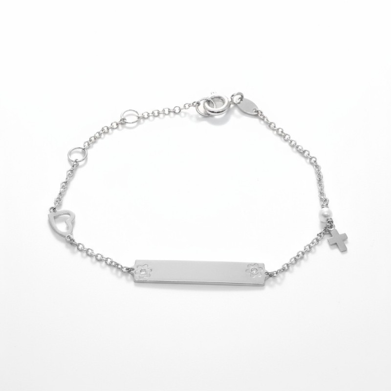 ΒΡΑΧΙΟΛΙ ΤΑΥΤΟΤΗΤΑ Κ9 ΜΕ ΠΕΤΡΕΣ ΖΙΡΓΚΟΝ - 6655 ΒΡΑΧΙΟΛΙΚ9 ΛΕΥΚΟΧΡΥΣΟ ΜΕ ΠΛΑΚΑ ΤΑΥΤΟΤΗΤΑΣ ΜΕ ΛΟΥΛΟΥΔΑΚΙΑ ΚΑΙ ΛΕΥΚΕΣ ΠΕΤΡΕΣ ΖΙΡΓΚΟΝ, ΜΕ ΔΙΑΤΡΗΤΗ ΚΑΡΔΟΥΛΑ, ΚΡΕΜΑΣΤΟ ΚΛΑΣΙΚΟ ΣΤΑΥΡΟΥΔΑΚΙ ΚΑΙ ΜΙΚΡΟ ΜΑΡΓΑΡΙΤΑΡΙ