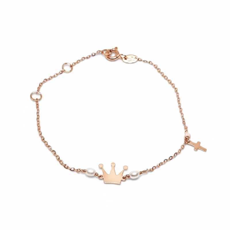 ΠΑΙΔΙΚΟ ΒΡΑΧΙΟΛΙ Κ14 ΡΟΖ ΧΡΥΣΟ ΜΕ ΚΟΡΩΝΑ ΚΡΕΜΑΣΤΟ ΣΤΑΥΡΟΥΔΑΚΙ ΚΑΙ ΜΑΡΓΑΡΙΤΑΡΙΑ